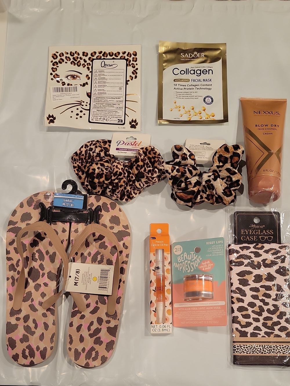 Leopard Print Flip Flop Sandals & Hair Scrunchie Bundle - Pink, Brown, Black